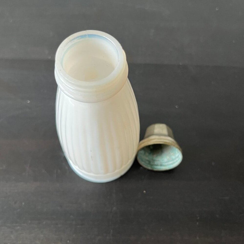 Vintage 1930s White Milk Glass Shaker // Ribbed Sides Metal Top 5.5" Tall - Picture 5 of 5